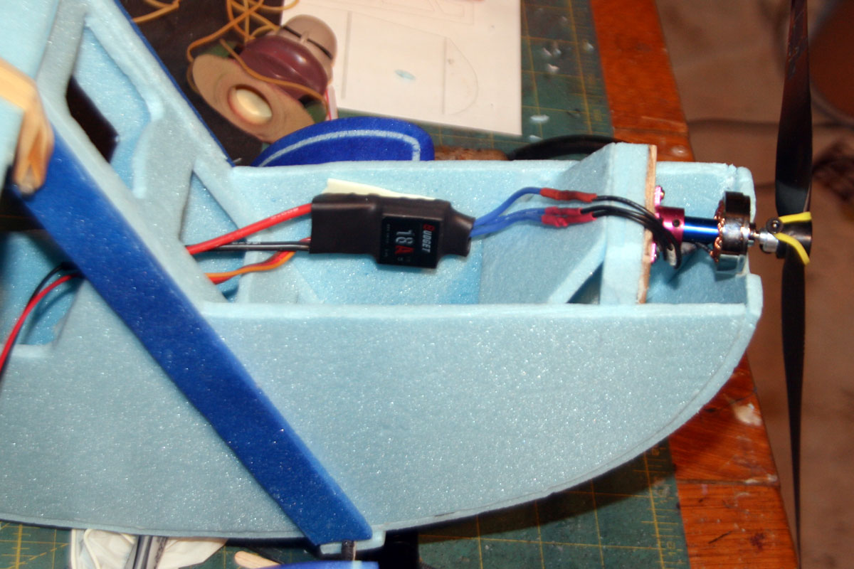 Finished motor mount and ESC placement. I added another piece of foam at an angle, and mounted the ESC on the side to help the side-to-side balance of the plane